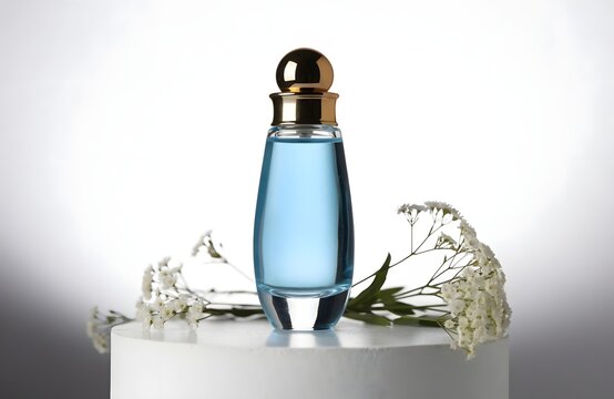 Blue perfume bottle on a pedestal with dried flowers