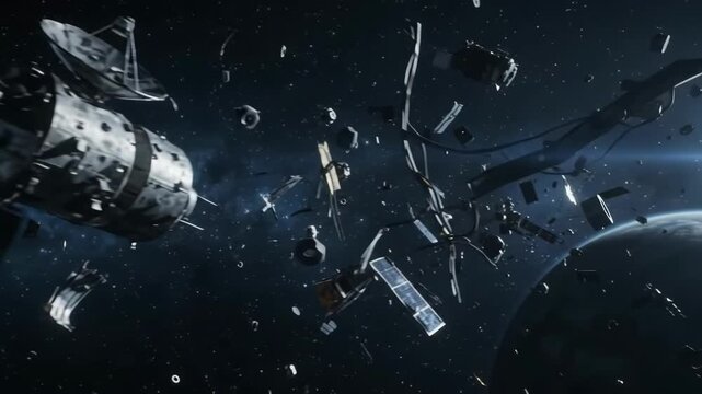 Tracking slow motion pan zoom of satellite and spacecraft breaking apart and drifting in low earth orbit vacuum