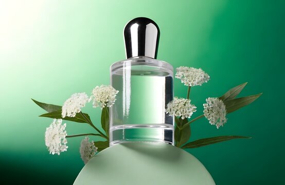 Glass perfume bottle with white flowers on green background