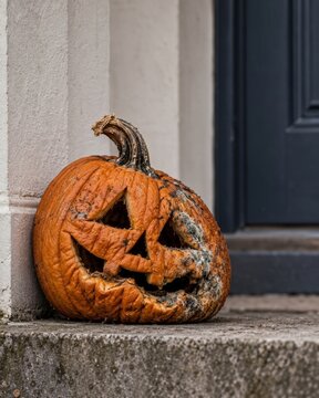 Rotting Halloween jack o lantern pumpkin on doorstep
