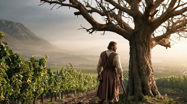 Barren fig tree standing among fruit-bearing vines as a gardener examines it, symbolizing accountability and second chances.