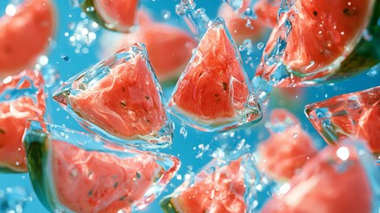 Fototapeta premium Vivid watermelon slices suspended in bright blue water, showcasing refreshing summer sweetness, a delectable culinary delight