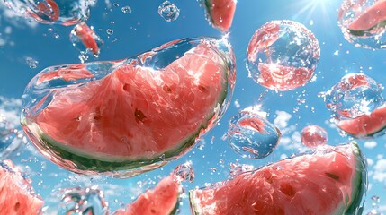 Fototapeta premium Vivid watermelon slices suspended underwater, creating refreshing splashes against a brilliant blue summer sky backdrop
