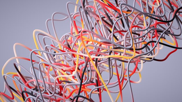A tangled mass of colorful wires twists and turns, creating a chaotic yet vibrant abstract composition. 3d render illustration.