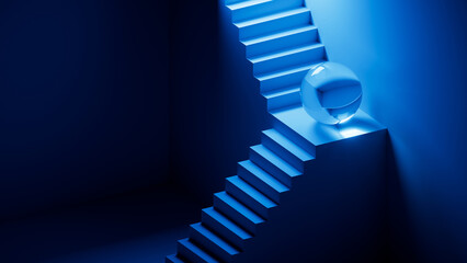 Modern blue staircase with a transparent glass sphere in a dark interior. Minimal abstract image for architecture, luxury, and creative branding. 3D render illustration. © wacomka