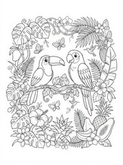 Fototapeta premium Coloring page of a toucan and a parrot sitting on a branch surrounded by tropical leaves, exotic flowers, butterflies, hummingbirds, and juicy fruits isolated on white background