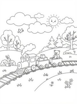 A coloring page featuring a cheerful cartoon train chugging along a track through a whimsical landscape with animals and sunshine