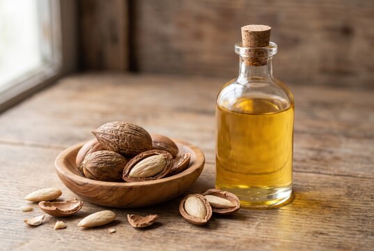 Almonds and a clear bottle of golden oil on a wooden table