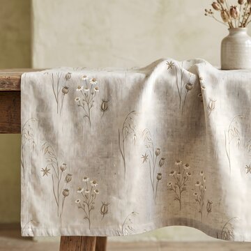 Rustic Country Linen Tablecloth with Delicate Wildflower Print