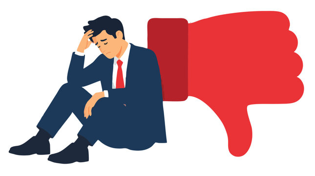 Flat vector illustration of a stressed businessman in a navy suit slumped on the ground, head in hand, leaning against an oversized red thumbs-down symbol signaling rejection
