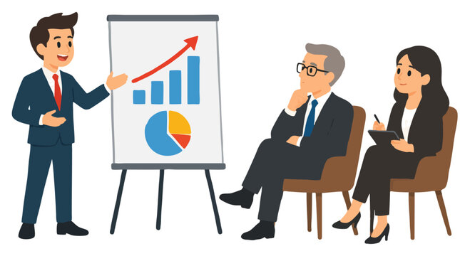 A confident businessman gesturing toward a flipchart display showing rising bar charts and a pie graph while pitching to two seated corporate executives in modern flat vector style