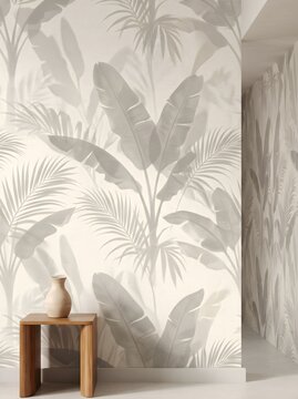 Modern Minimalist Room Interior with Tropical Palm Accent Wall