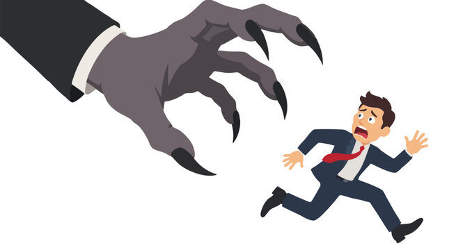 A terrified businessman in an office suit flees in panic with arms flailing as a monstrous dark gray clawed hand swoops down to grab him in this dramatic threat flat vector illustration