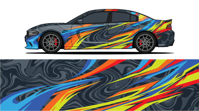 Car Wrap Design with Dynamic Wave Decal in Blue Yellow Orange Red