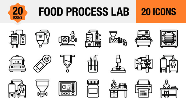 Food process lab icons represent a comprehensive suite of industrial manufacturing equipment and laboratory testing tools used for optimizing food production quality control.