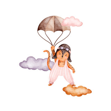 Watercolor illustration cheetah wearing vintage aviator helmet and goggles, parachute, clouds. Isolated on a white background. Perfect for nursery wall art, baby shower invitations, card
