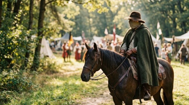 Mysterious masked rider on horseback at golden hour medieval festival, atmospheric outdoor portrait