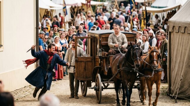 Medieval Bandit Attacks Horse Carriage in Historic Festival Scene, Dynamic Action with Textured Costumes and Rustic Wood