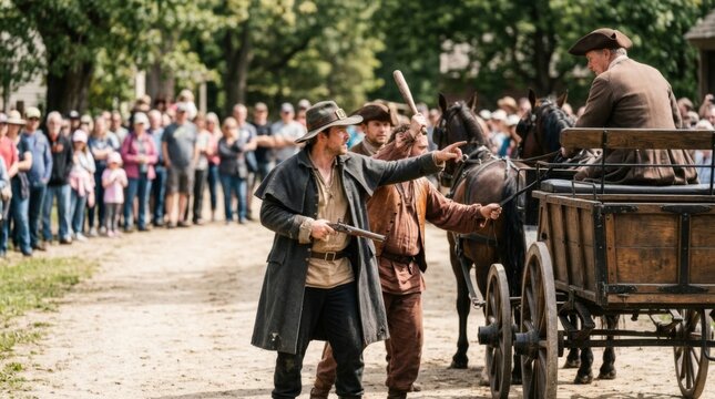 Historical Reenactment: Bandit Confrontation with Horse Carriage and Crowd, Dynamic Action Shot