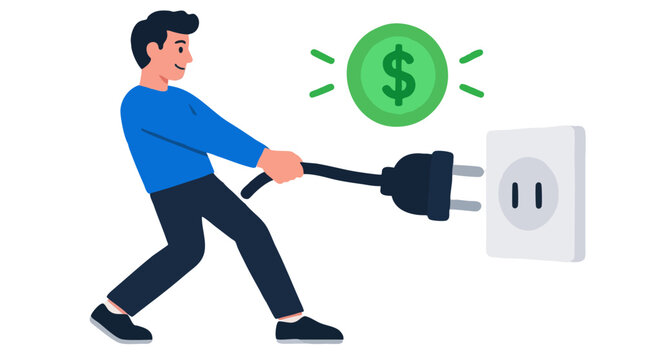 Smiling man pulling an electric cord plug from a white wall socket to save energy while a glowing green dollar coin floats overhead, vector artwork illustrating electricity cost conservation