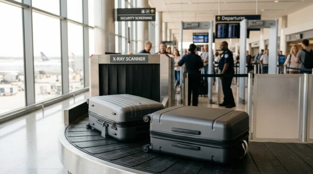 Luggage on airport conveyor belt near X-ray scanner, travel security screening, passenger departure area