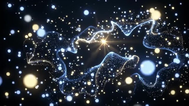 Tracking shot of glowing particles spiraling and forming ribbon shapes against dark cosmic background with blue and gold light