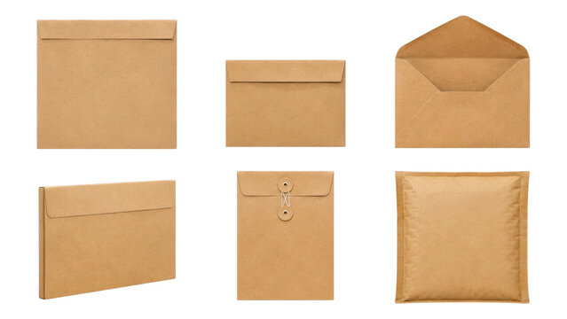Set of six brown kraft paper envelopes and mailers in assorted styles including square, clasp, open and padded options for shipping, mailing, stationery and packaging