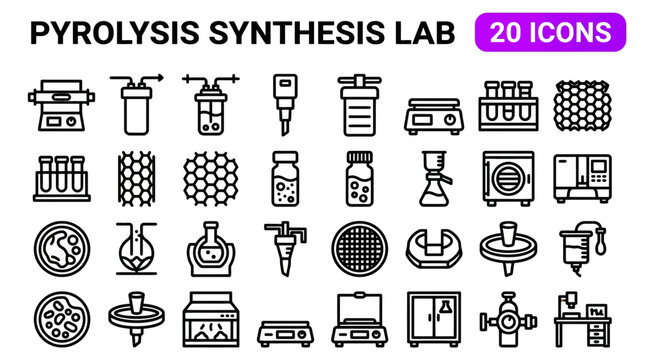 Pyrolysis synthesis laboratory icons represent advanced chemical processing equipment and molecular analysis tools for thermal decomposition research projects.