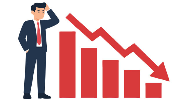 Dejected businessman in a suit scratching his head in dismay beside a plunging red bar chart and descending zigzag trend line indicating financial decline in this crisis vector graphic