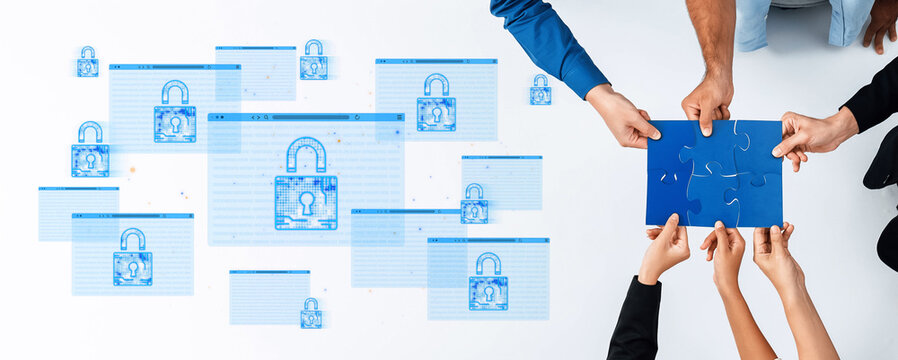 Hands Assembling Puzzle Piece Over Digital Interface with Security Lock Symbols Representing Data Protection and Cyber Security Awareness Concepts. Entropy.