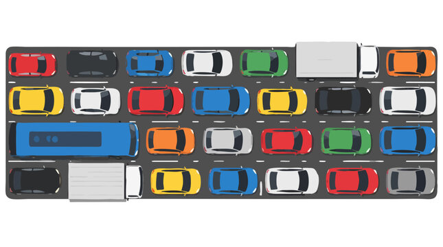Overhead top view of a crowded multilane city avenue jam-packed with bumper to bumper commuter automobiles, freight delivery trucks, and a blue transit bus in this gridlock flat vector