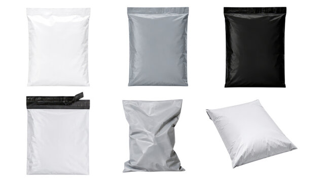 Six poly mailer shipping bags in white, gray and black shown flat, crumpled and angled, with smooth plastic surfaces and resealable peel-and-seal closures