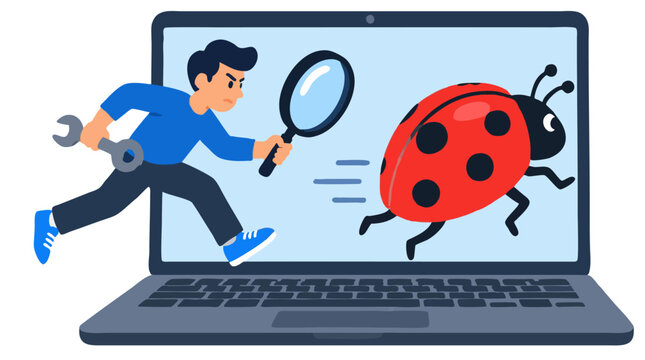 A determined young software engineer holding a large magnifying glass and wrench chasing a giant red ladybug across laptop screen vector illustrating software debugging and code bug removal