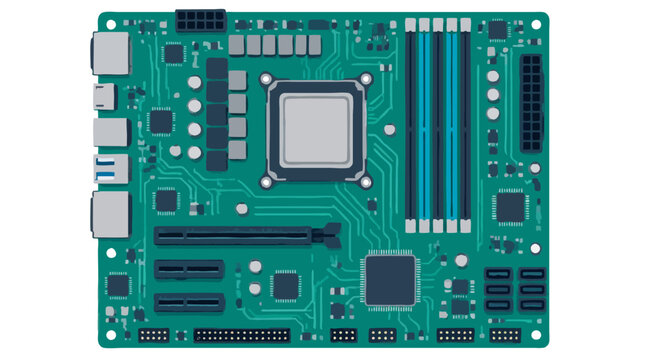 Stylized teal and navy computer motherboard printed circuit board featuring central CPU socket RAM slots and peripheral connectors, flat vector artwork of modern digital hardware components