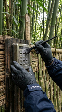 Forensic Investigator Dusting Keypad Lock on Bamboo Fence with Brush in Outdoor Setting