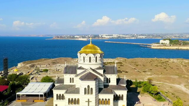 Sevastopol, Crimea. Vladimirsky Cathedral in Chersonesos. Chersonesus Tauric - founded by the ancient Greeks on the Heracles peninsula on the Crimean coast. Drone footage