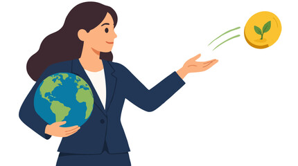 Fototapeta premium A gentle businesswoman holds a world globe in one hand while releasing a golden coin bearing green leaf sprouts in this modern vector illustrating sustainable finance and ecological funding