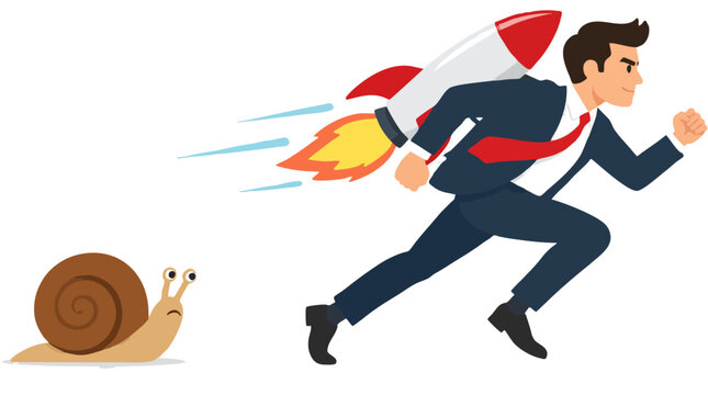 A sprinting businessman propelled by a burning rocket jetpack zooms rapidly forward leaving a sluggish crawling snail far in his dust in this vector representing corporate speed and agility