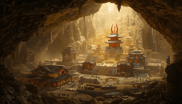 Ancient golden temple city hidden inside a vast rocky cave with dramatic light rays civilization architecture underground sunlight landscape majestic mysterious environment structure
