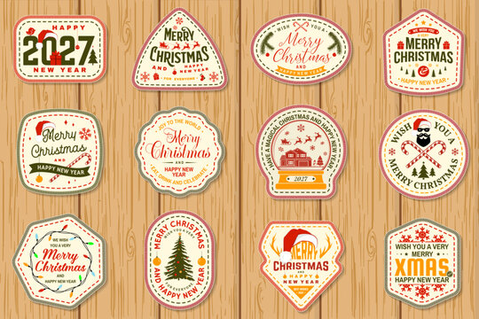 Vintage Christmas and New Year Sticker Collection with Festive Typography, Santa Hats, Christmas Trees, Reindeer, Candy Canes, Snowflakes and Retro Holiday Badge Designs for 2027
