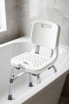White medical shower chair sits inside clean marble bathroom bathtub. Special adjustable commode helps elderly disabled person wash safely. Ergonomic hygiene equipment provides support, stability for