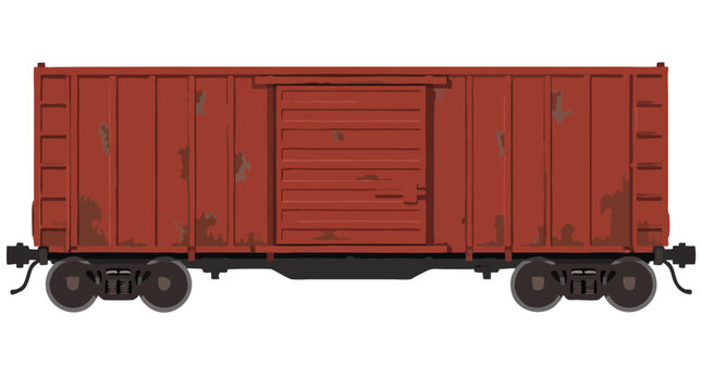 A heavy industrial weathered red freight train boxcar with sliding corrugated door steel chassis and metal wheel trucks on track in clean minimalist side view flat vector illustration