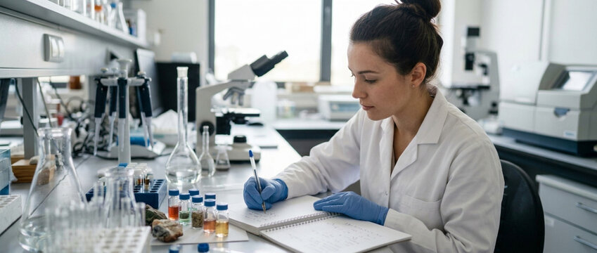 Focused female scientist in lab coat and gloves writing notes at a desk with scientific equipment and samples