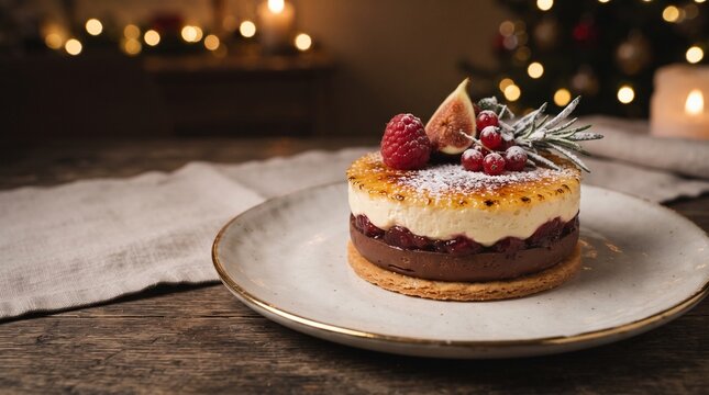 A delectable Christmas dessert, a layered chocolate mousse cake crowned with fresh berries and a fig slice, sits elegantly on a ceramic plate, surrounded by festive bokeh lights and a glowing candle.