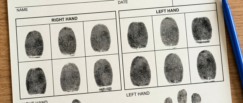 Fingerprint card with ink impressions close up on paper record for identification and security purposes