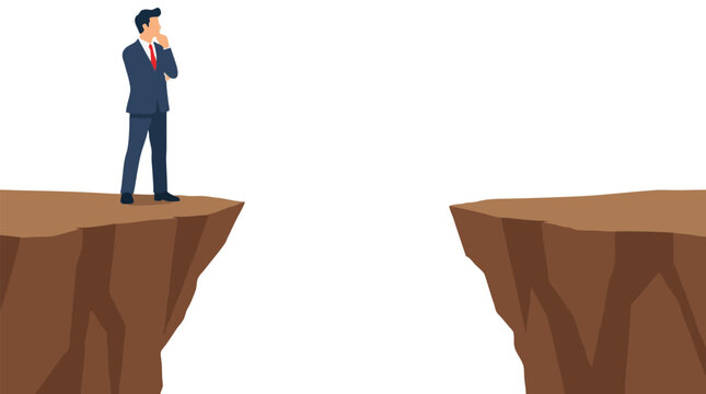 Pensive businessman resting his chin in hand standing at the brink of a sheer canyon cliff chasm looking across at the opposite precipice in this vector business obstacle artwork scene