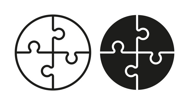 Minimalist Circular Jigsaw Puzzle Icons featuring four interlocking pieces in outline and solid black styles, ideal for business strategy presentations and teamwork concepts.
