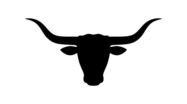 Minimalist Longhorn Bull Silhouette featuring a black bull head with wide curved horns on white background ideal for ranch branding, western-themed designs, and cattle industry logos.