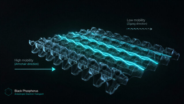 3D black phosphorus anisotropic electron transport concept, translucent puckered 2D lattice with glowing directional carrier drift vector with copy space