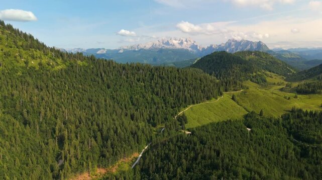 hills on the Postalm plateau with the Dachstein mountains, aerial view, Alps, Austria